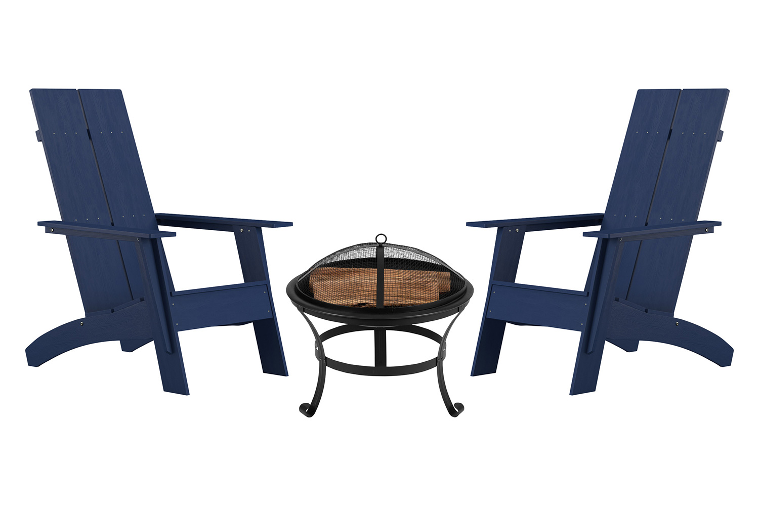 BLNK Sawyer Commercial All-Weather 2-Slat Poly Resin Adirondack Chairs with 22" Round Wood Burning Firepit Set of 2 - Navy