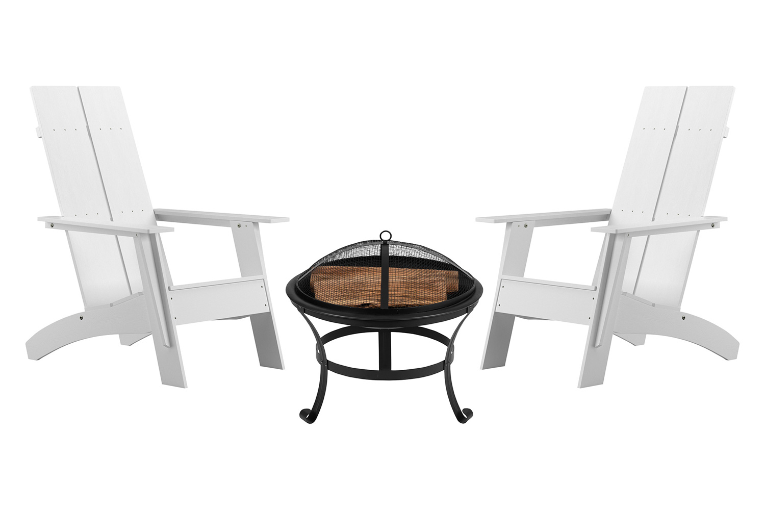 BLNK Sawyer Commercial All-Weather 2-Slat Poly Resin Adirondack Chairs with 22" Round Wood Burning Firepit Set of 2 - White