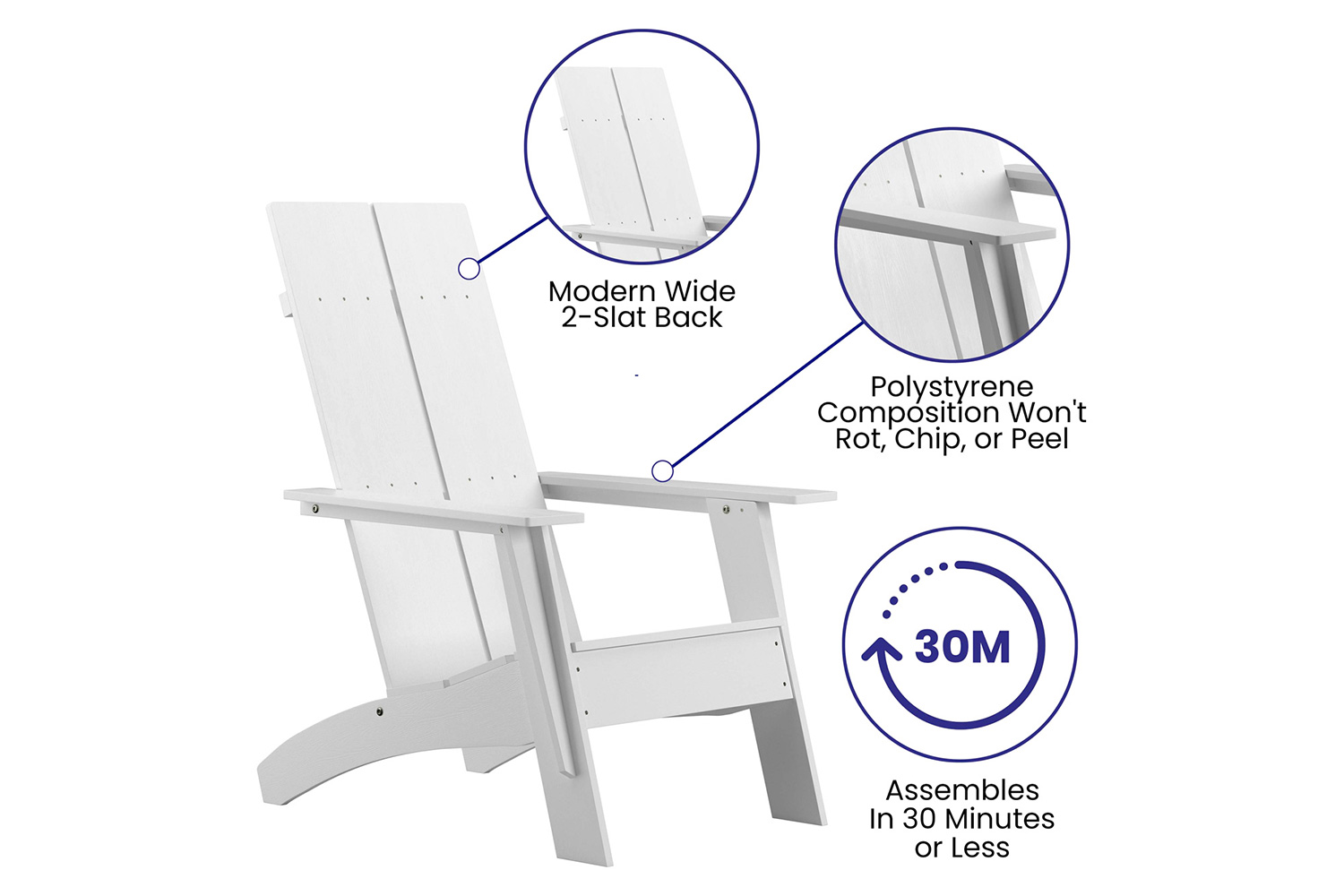 BLNK Sawyer Commercial All-Weather 2-Slat Poly Resin Adirondack Chairs with 22" Round Wood Burning Firepit Set of 2 - White