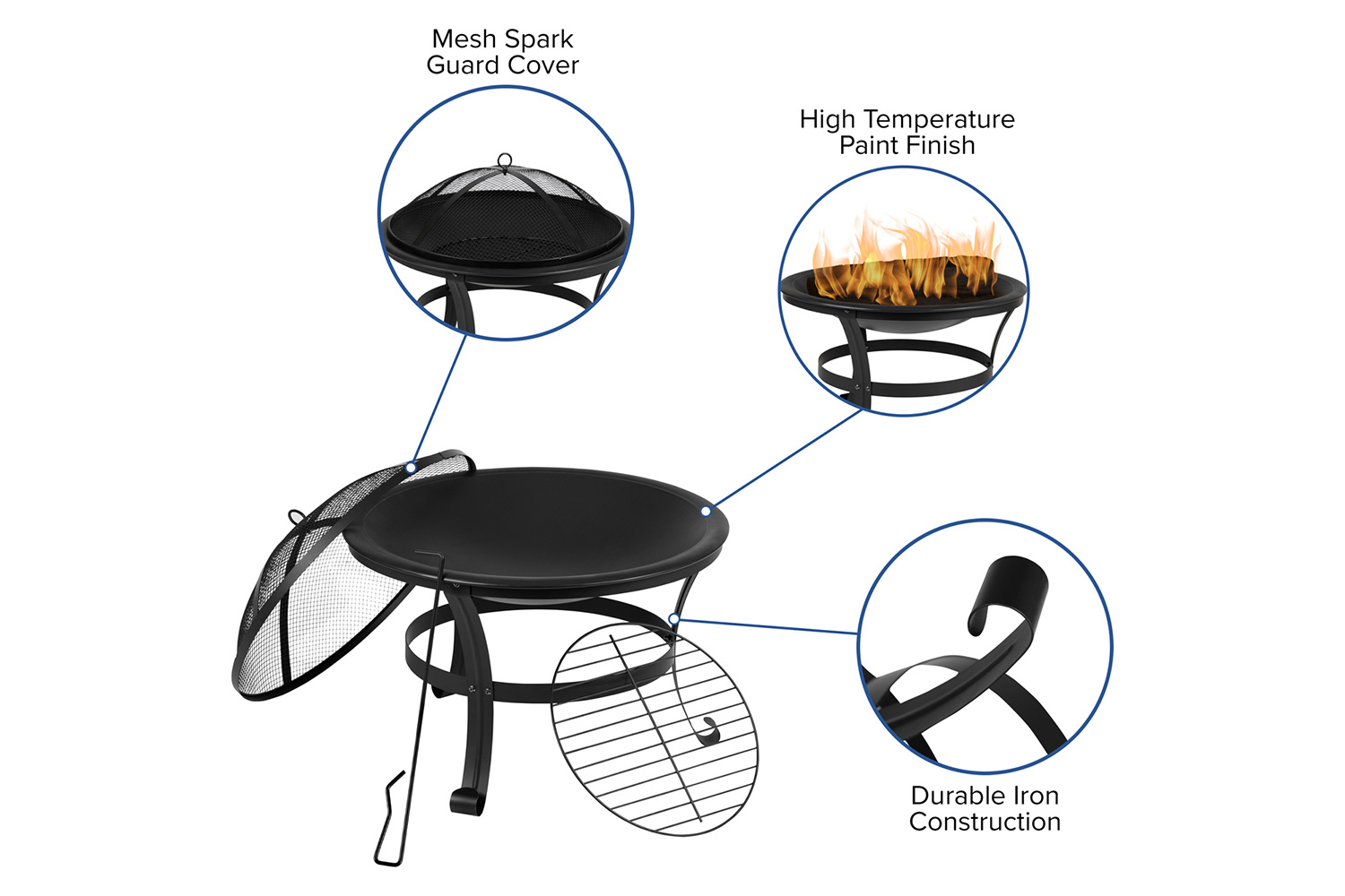 BLNK Sawyer Commercial All-Weather 2-Slat Poly Resin Adirondack Chairs with 22" Round Wood Burning Firepit Set of 2 - White