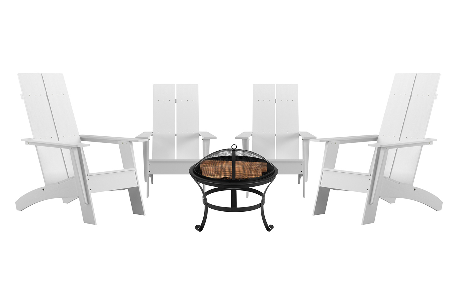 BLNK - Sawyer Commercial All-Weather 2-Slat White Poly Resin Adirondack Chairs with 22" Round Wood Burning Firepit Set of 4