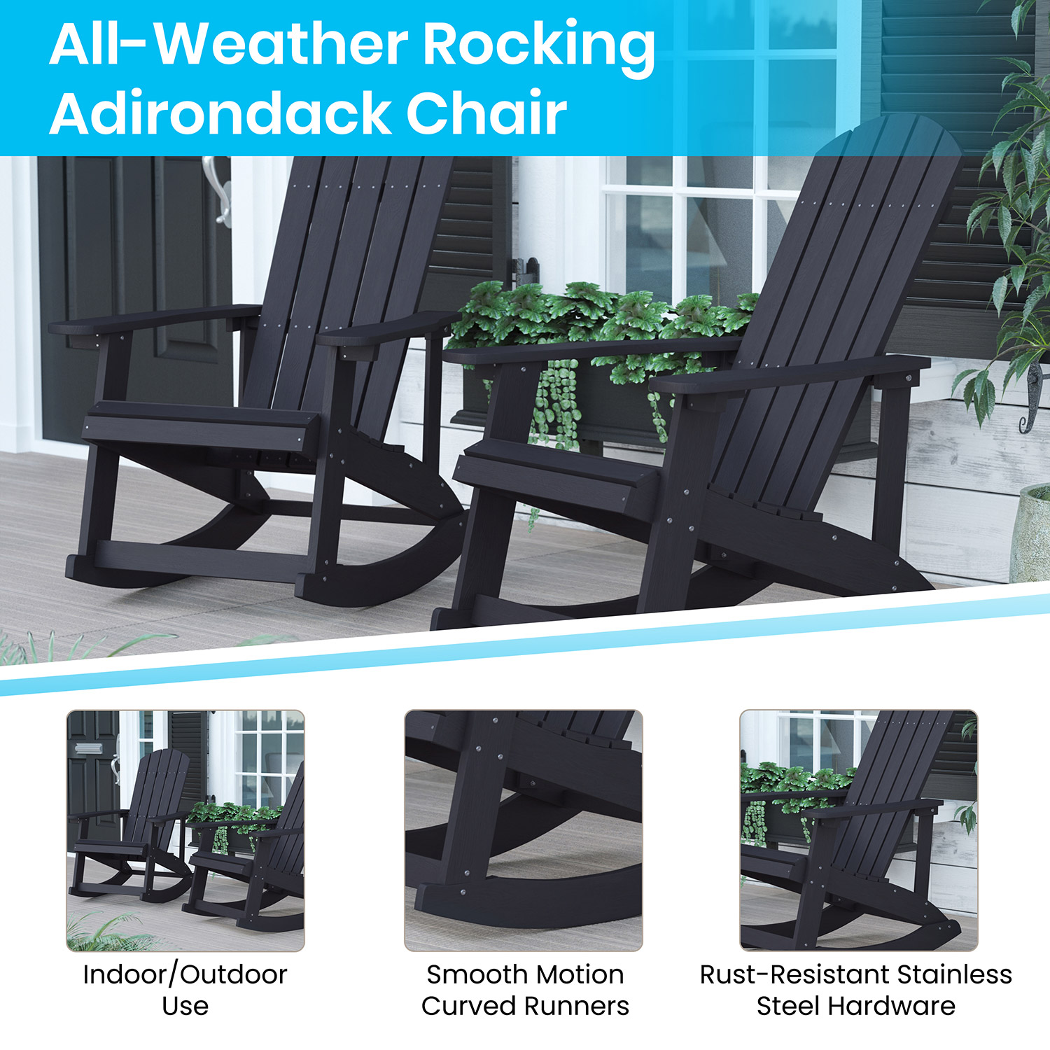 BLNK Savannah Commercial Poly Resin Wood All-Weather Adirondack Rocking Chairs with Side Table Set of 2 - Black