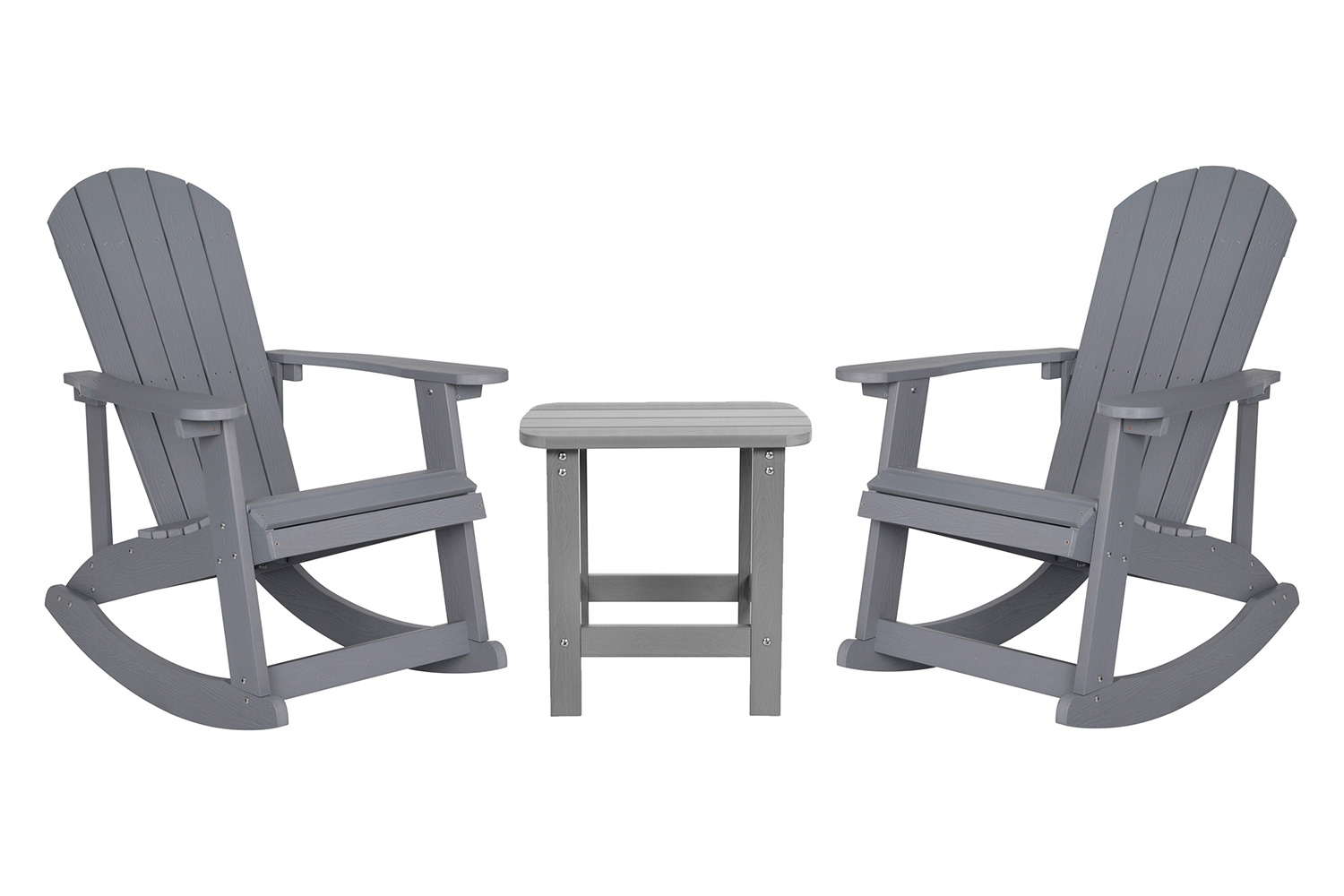 BLNK Savannah Commercial Poly Resin Wood All-Weather Adirondack Rocking Chairs with Side Table Set of 2 - Gray