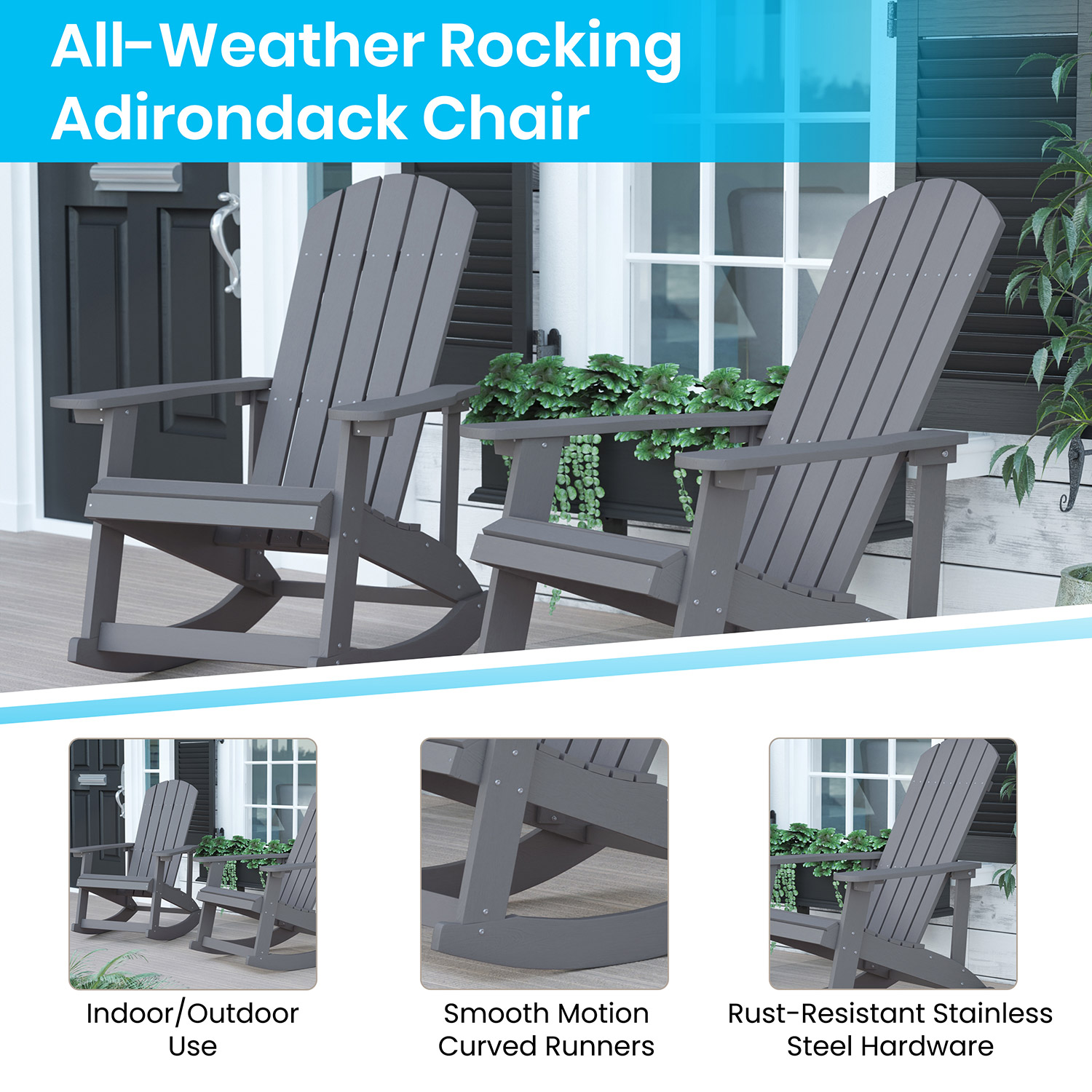 BLNK Savannah Commercial Poly Resin Wood All-Weather Adirondack Rocking Chairs with Side Table Set of 2 - Gray