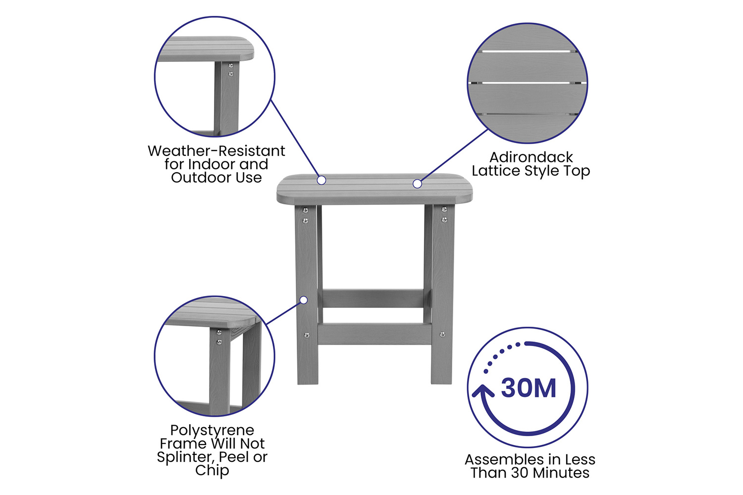 BLNK Savannah Commercial Poly Resin Wood All-Weather Adirondack Rocking Chairs with Side Table Set of 2 - Gray