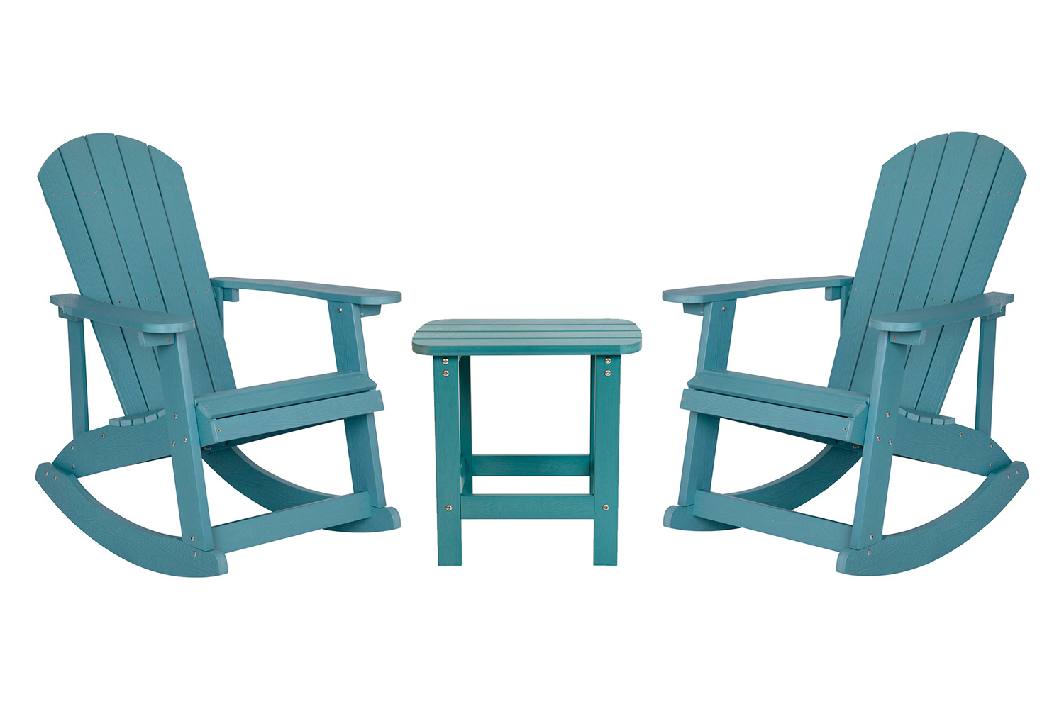 BLNK Savannah Commercial Poly Resin Wood All-Weather Adirondack Rocking Chairs with Side Table Set of 2 - Sea Foam