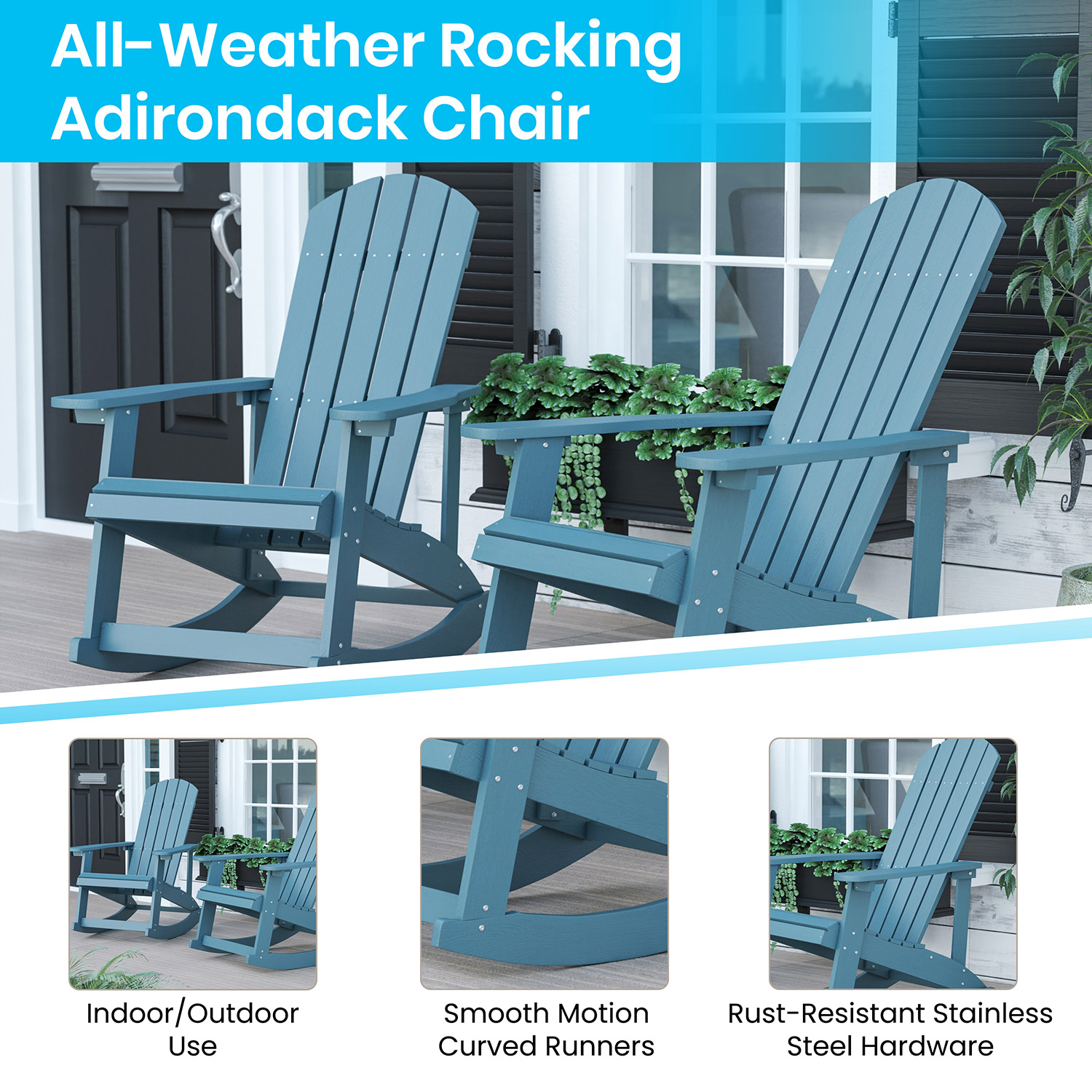 BLNK Savannah Commercial Poly Resin Wood All-Weather Adirondack Rocking Chairs with Side Table Set of 2 - Sea Foam