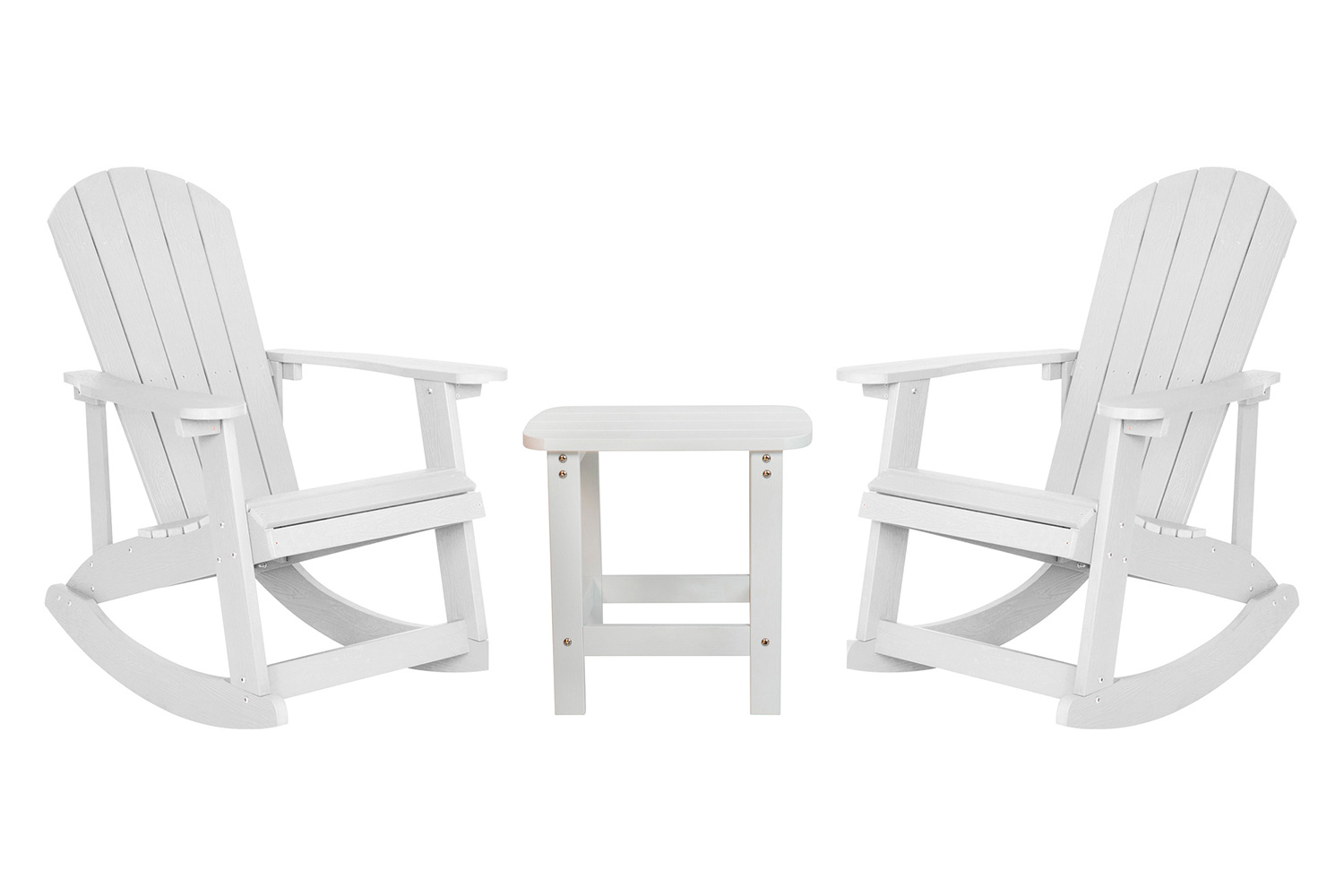 BLNK Savannah Commercial Poly Resin Wood All-Weather Adirondack Rocking Chairs with Side Table Set of 2 - White