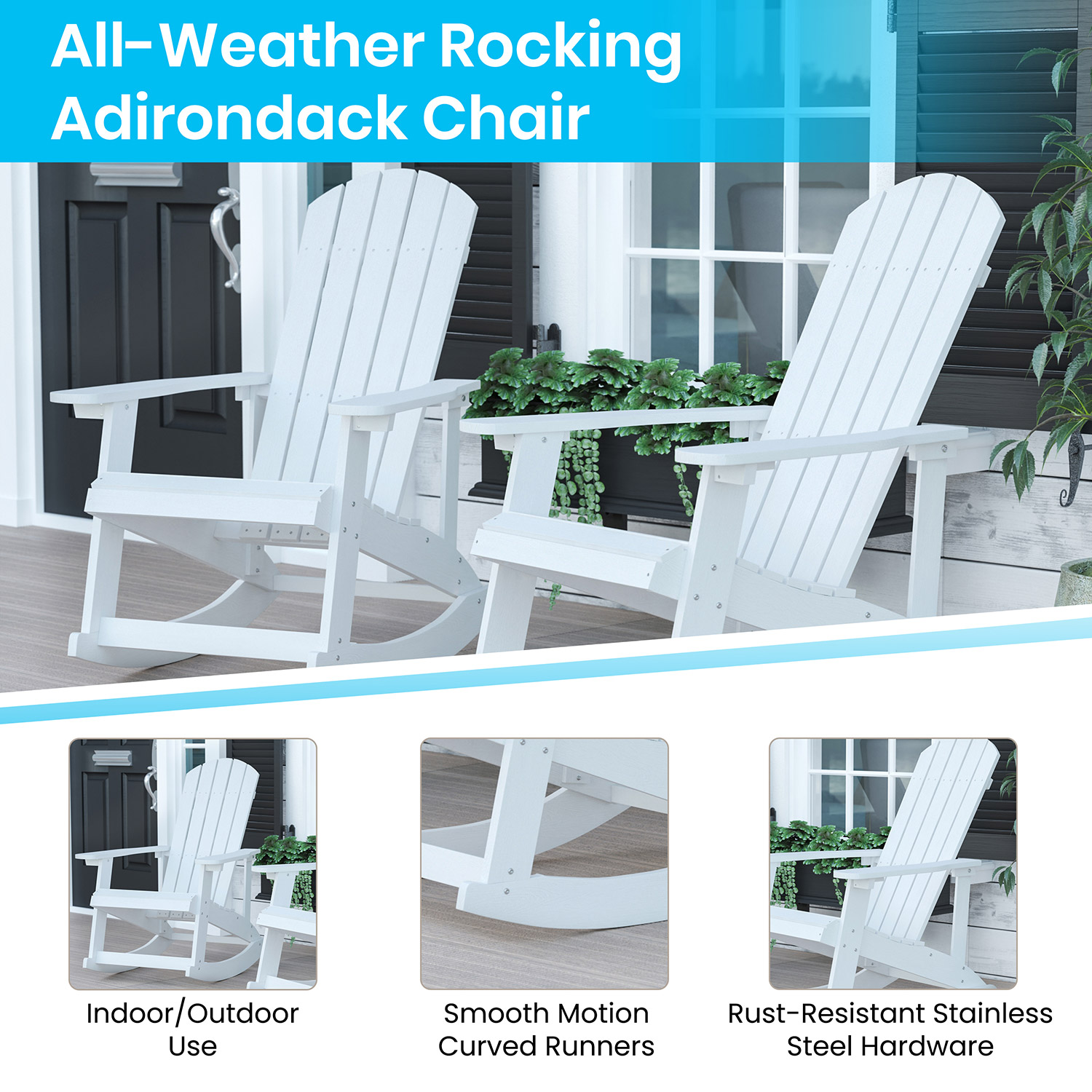 BLNK Savannah Commercial Poly Resin Wood All-Weather Adirondack Rocking Chairs with Side Table Set of 2 - White