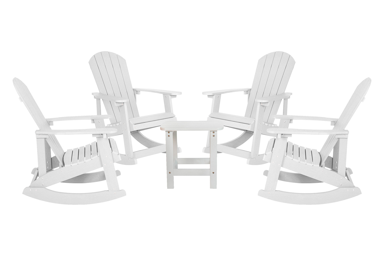 BLNK Savannah Commercial Poly Resin Wood All-Weather Adirondack Rocking Chairs with Side Table Set of 4 - White