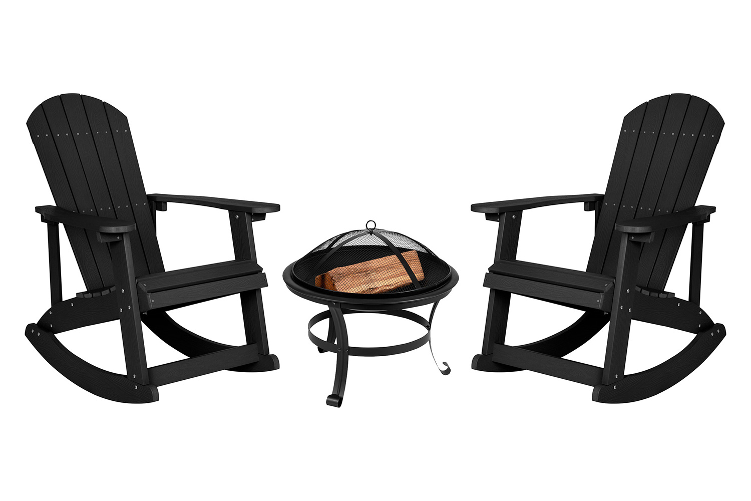 BLNK Savannah Commercial Poly Resin Wood All-Weather Adirondack Rocking Chairs with 22" Round Wood Burning Firepit Set of 2 - Black