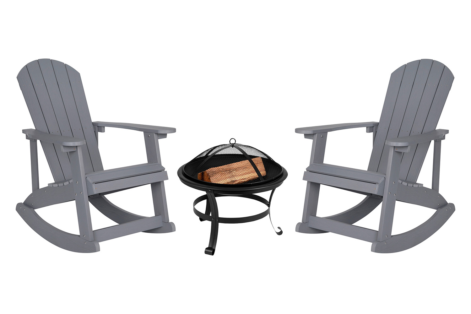 BLNK Savannah Commercial Poly Resin Wood All-Weather Adirondack Rocking Chairs with 22" Round Wood Burning Firepit Set of 2