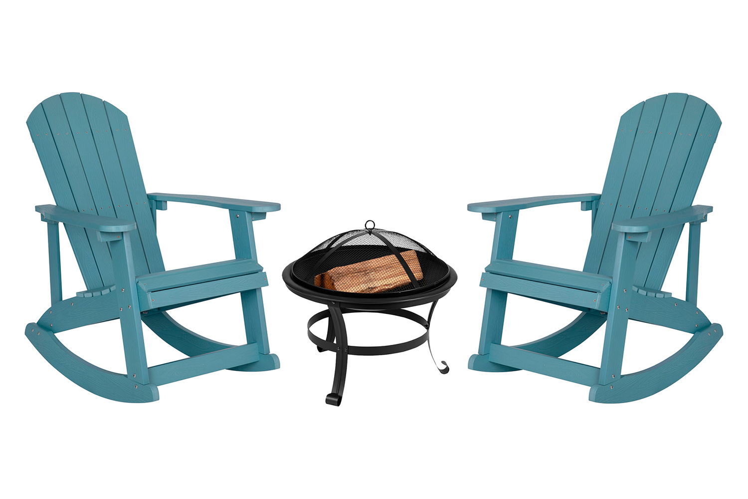 BLNK Savannah Commercial Poly Resin Wood All-Weather Adirondack Rocking Chairs with 22" Round Wood Burning Firepit Set of 2 - Sea Foam