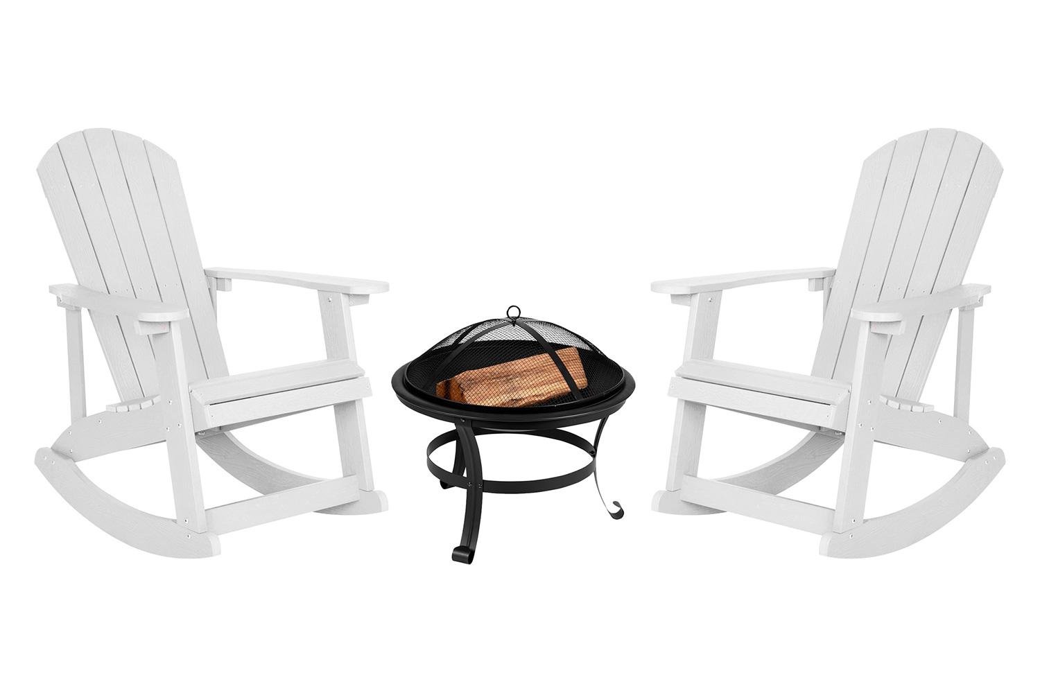 BLNK Savannah Commercial Poly Resin Wood All-Weather Adirondack Rocking Chairs with 22" Round Wood Burning Firepit Set of 2 - White