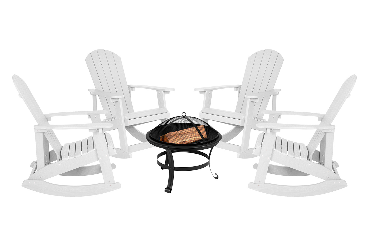 BLNK Savannah Commercial Poly Resin Wood All-Weather Adirondack Rocking Chairs with 22" Round Wood Burning Firepit Set of 4