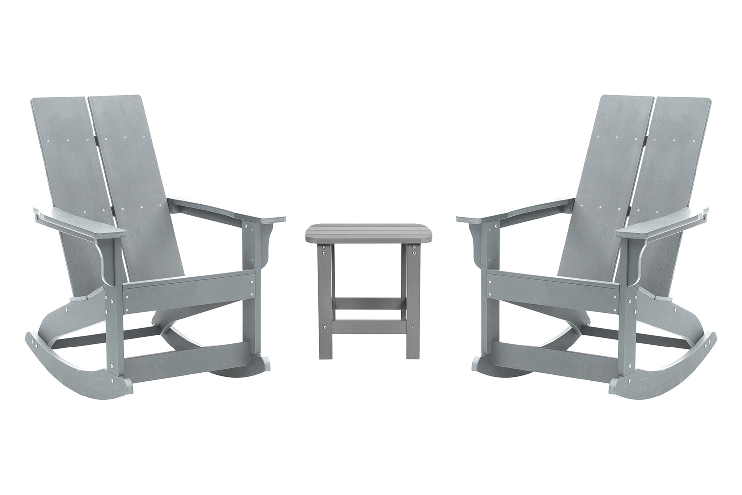 BLNK Finn Commercial All-Weather Poly Resin 2-Slat Rocking Adirondack Chairs with Matching Side Table Set of 2 - Gray