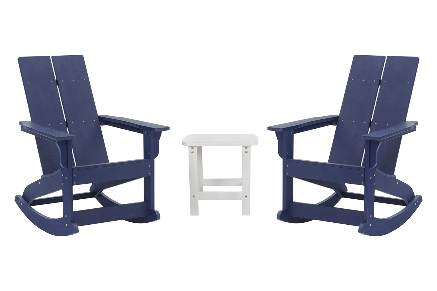 BLNK Finn Commercial All-Weather Poly Resin 2-Slat Rocking Adirondack Chairs with Matching Side Table Set of 2 - Navy