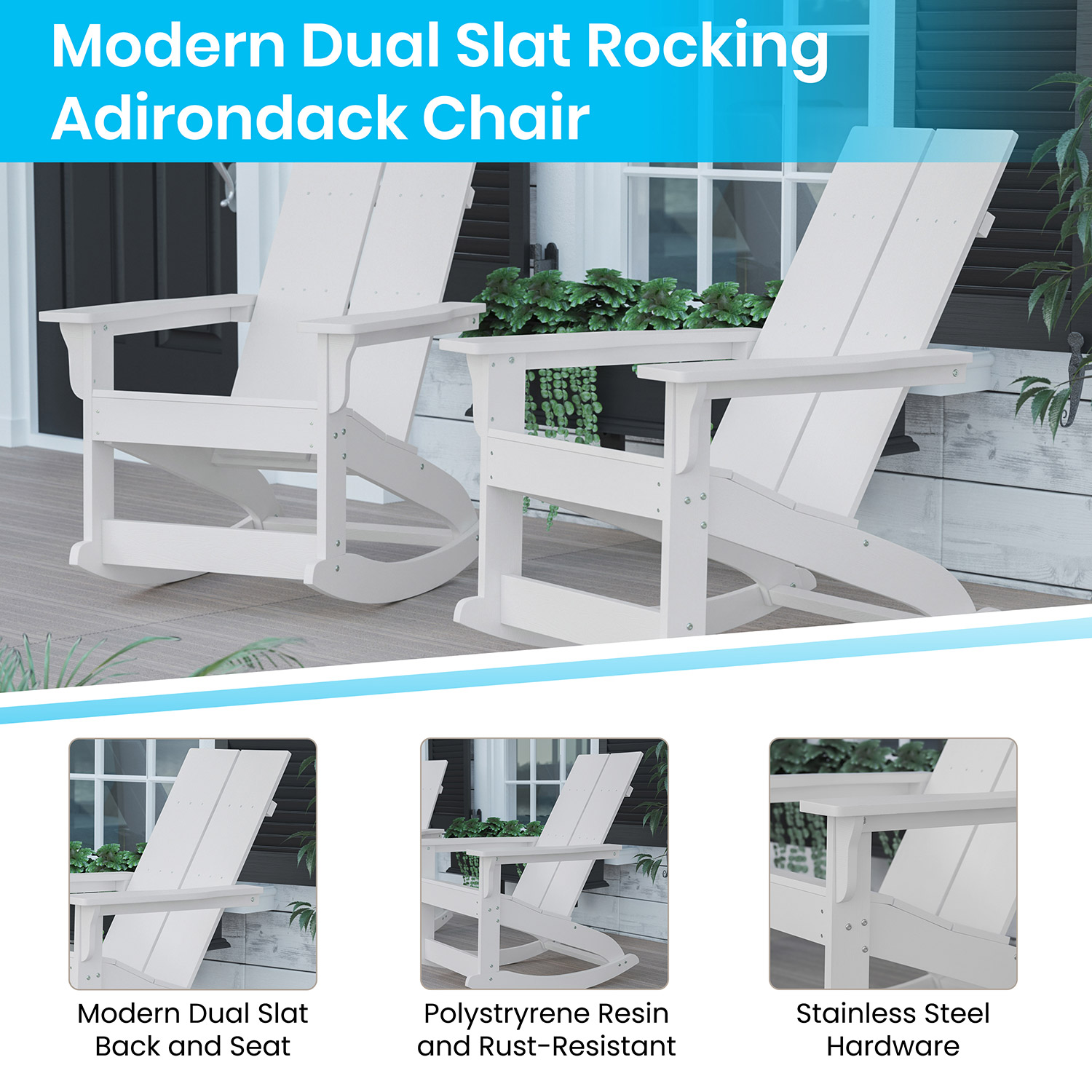 BLNK Finn Commercial All-Weather Poly Resin 2-Slat Rocking Adirondack Chairs with Matching Side Table Set of 2 - White