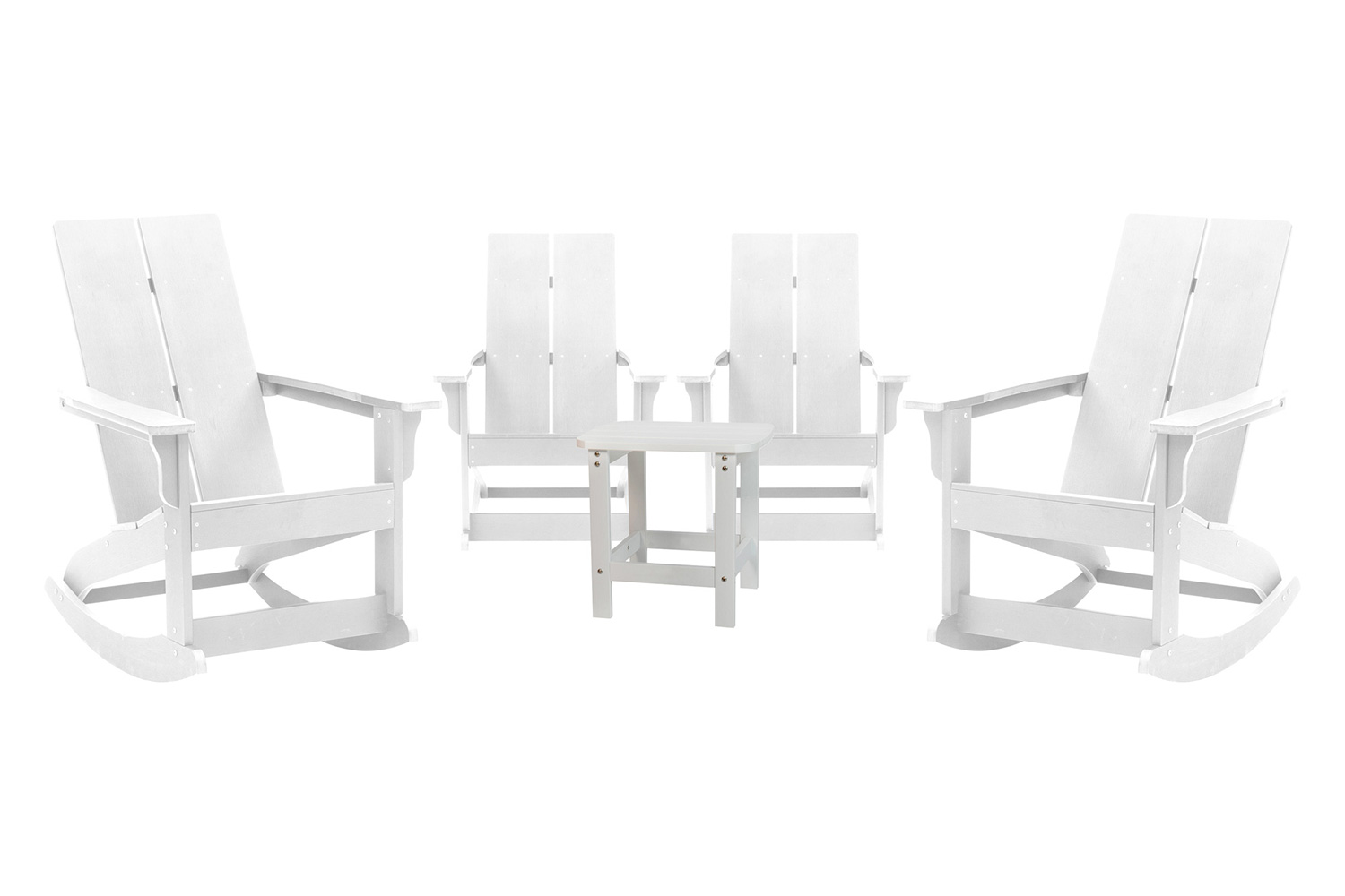 BLNK Finn Commercial All-Weather Poly Resin 2-Slat Rocking Adirondack Chairs with Matching Side Table Set of 4 - White