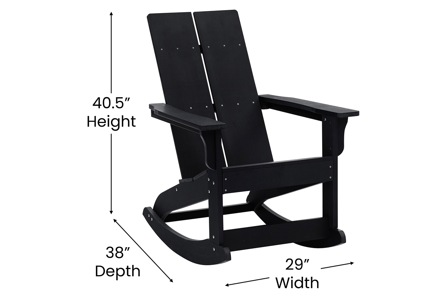 BLNK Finn Commercial All-Weather Poly Resin 2-Slat Rocking Adirondack Chair with Rust Resistant Stainless Steel Hardware - Black