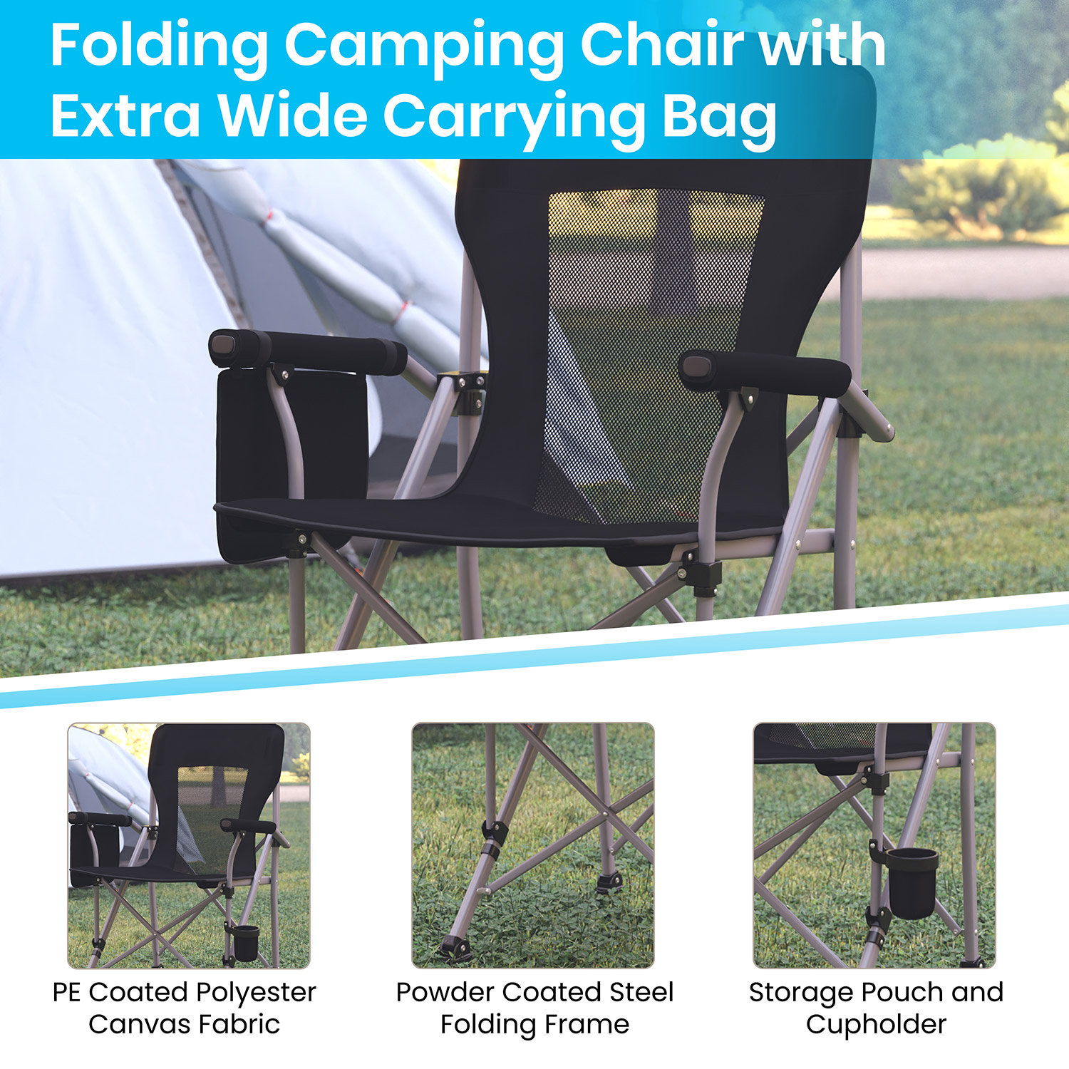 BLNK High Back Folding Heavy Duty Portable Camping Chair with Padded Arms, Cup Holder, Storage Pouch and Extra Wide Carry Bag - Black/Gray