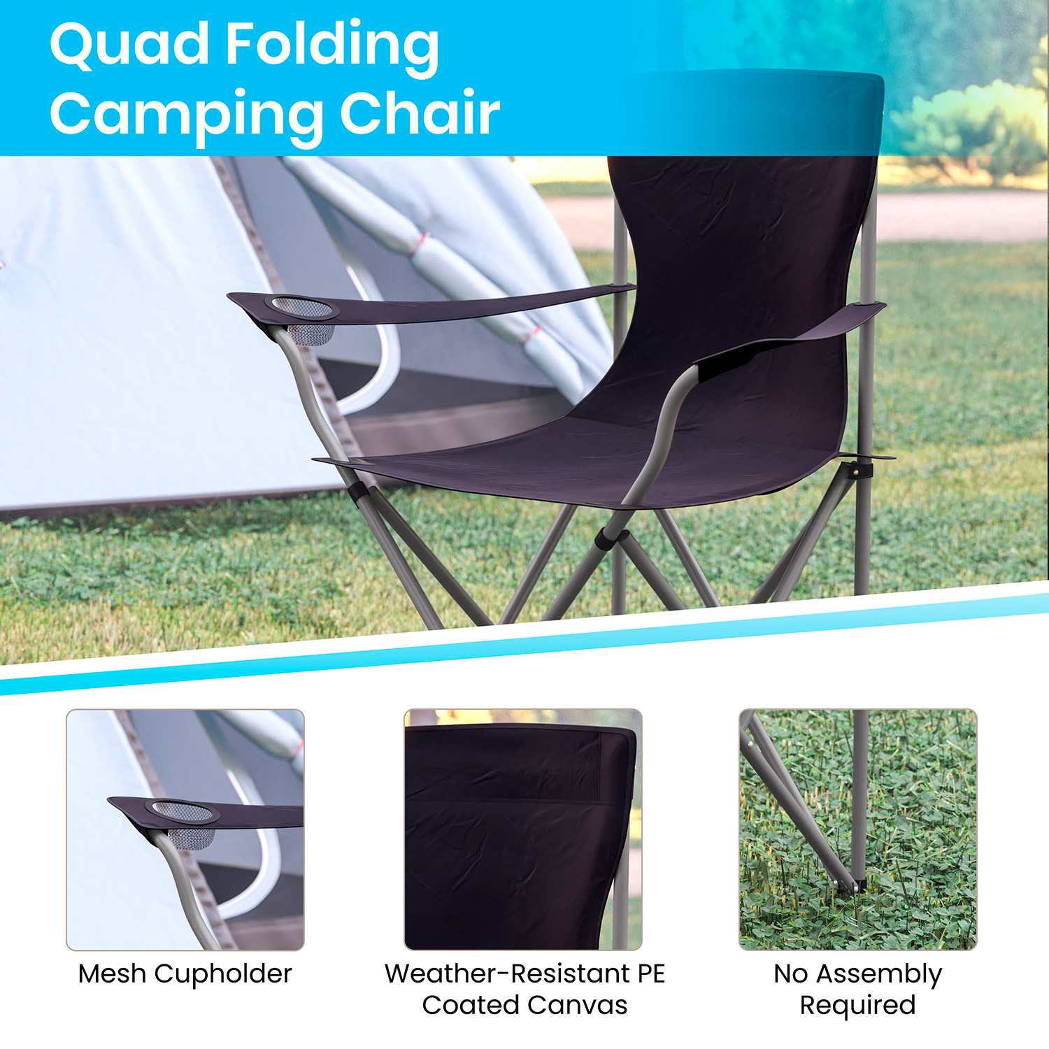 BLNK Quad Folding Camping and Sports Chair with Armrest Cupholder - Black