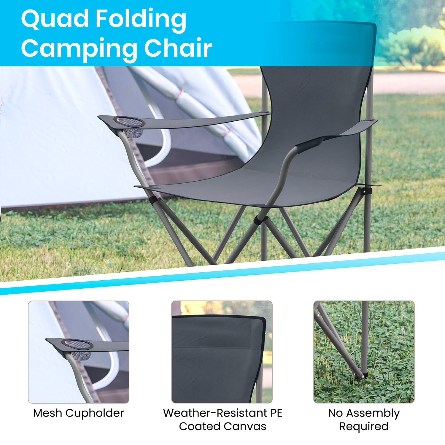 BLNK Quad Folding Camping and Sports Chair with Armrest Cupholder - Gray