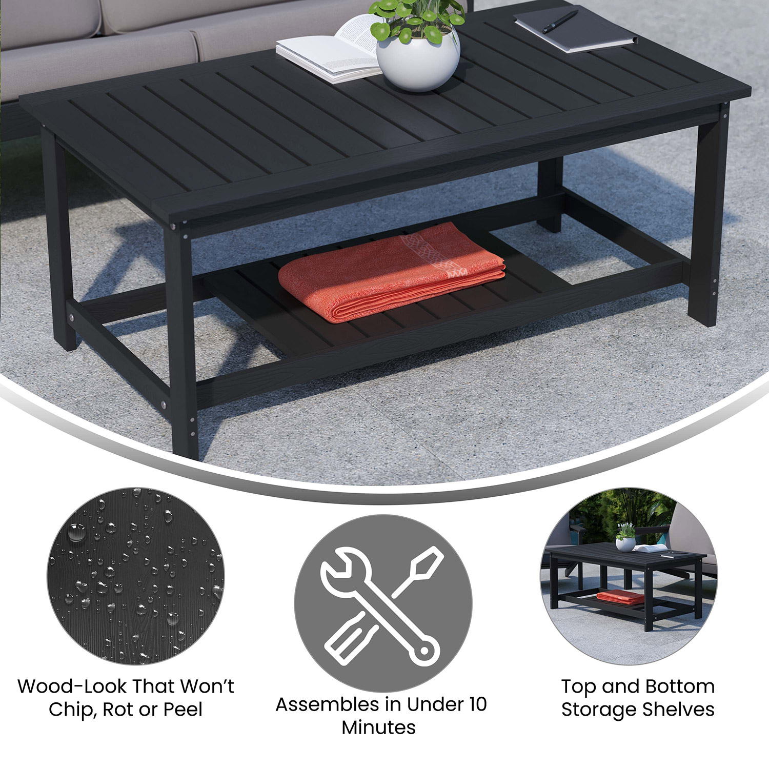 BLNK Charlestown Commercial All-Weather Poly Resin Wood Two Tiered Adirondack Slatted Coffee Conversation Table - Black