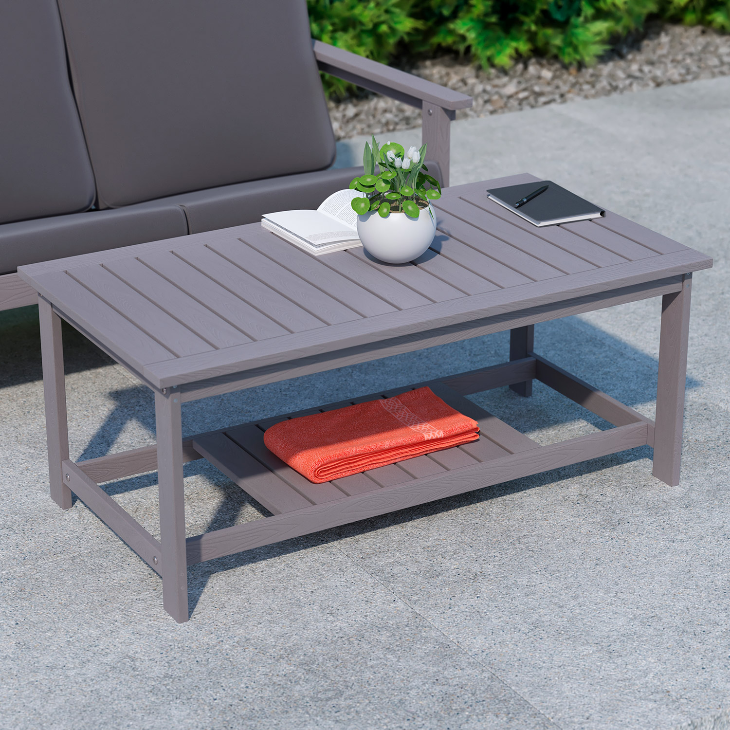 BLNK™ Charlestown Commercial All-Weather Poly Resin Wood Two Tiered Adirondack Slatted Coffee Conversation Table - Gray