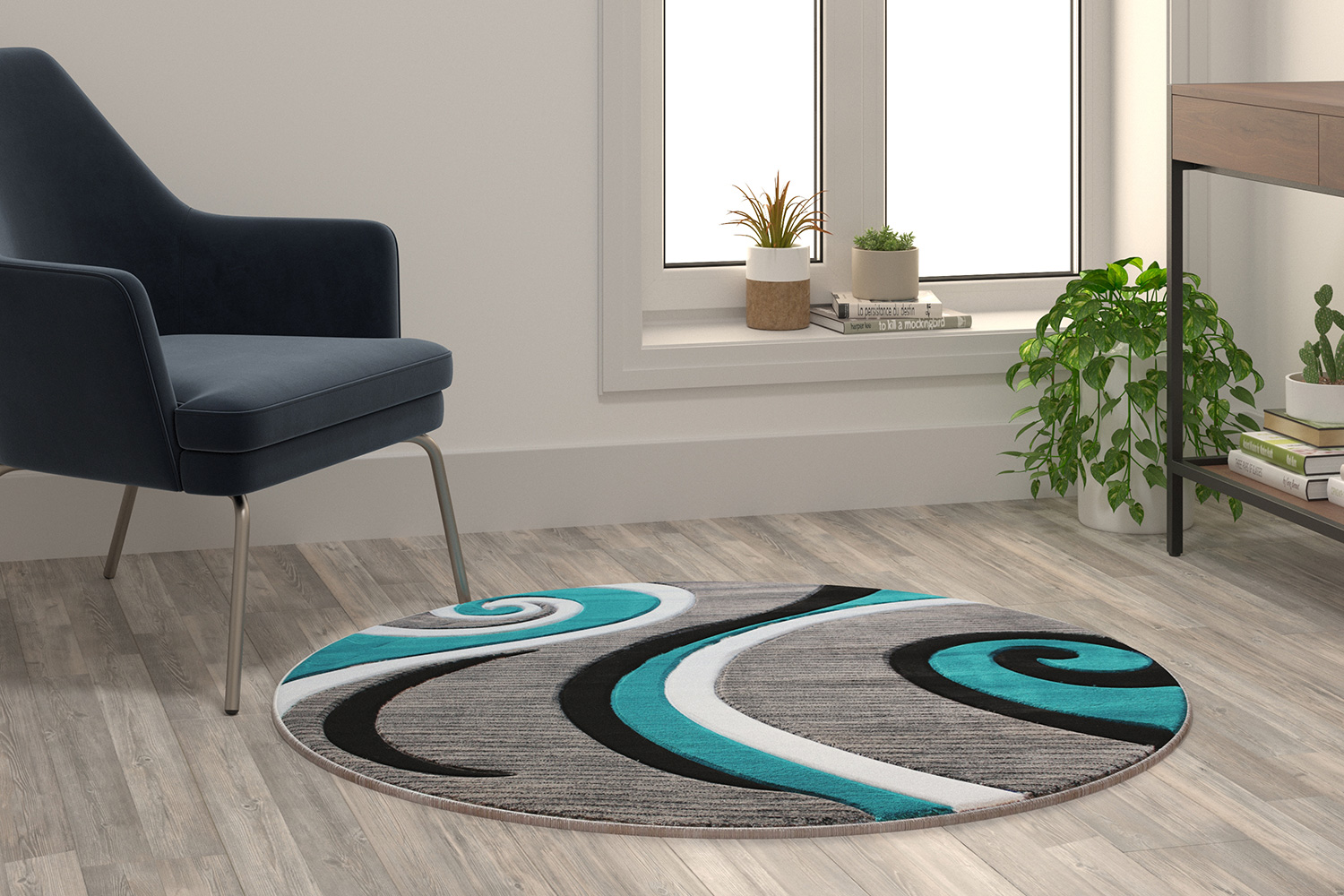 BLNK Atlan Collection Abstract Round Olefin Area Rug with Jute Backing