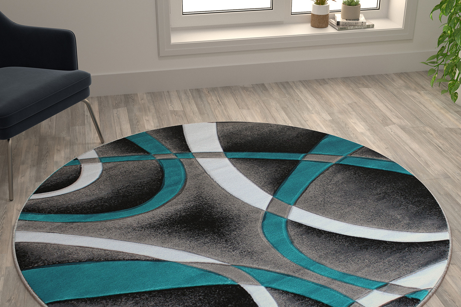 BLNK Atlan Collection Abstract Round Olefin Area Rug with Jute Backing