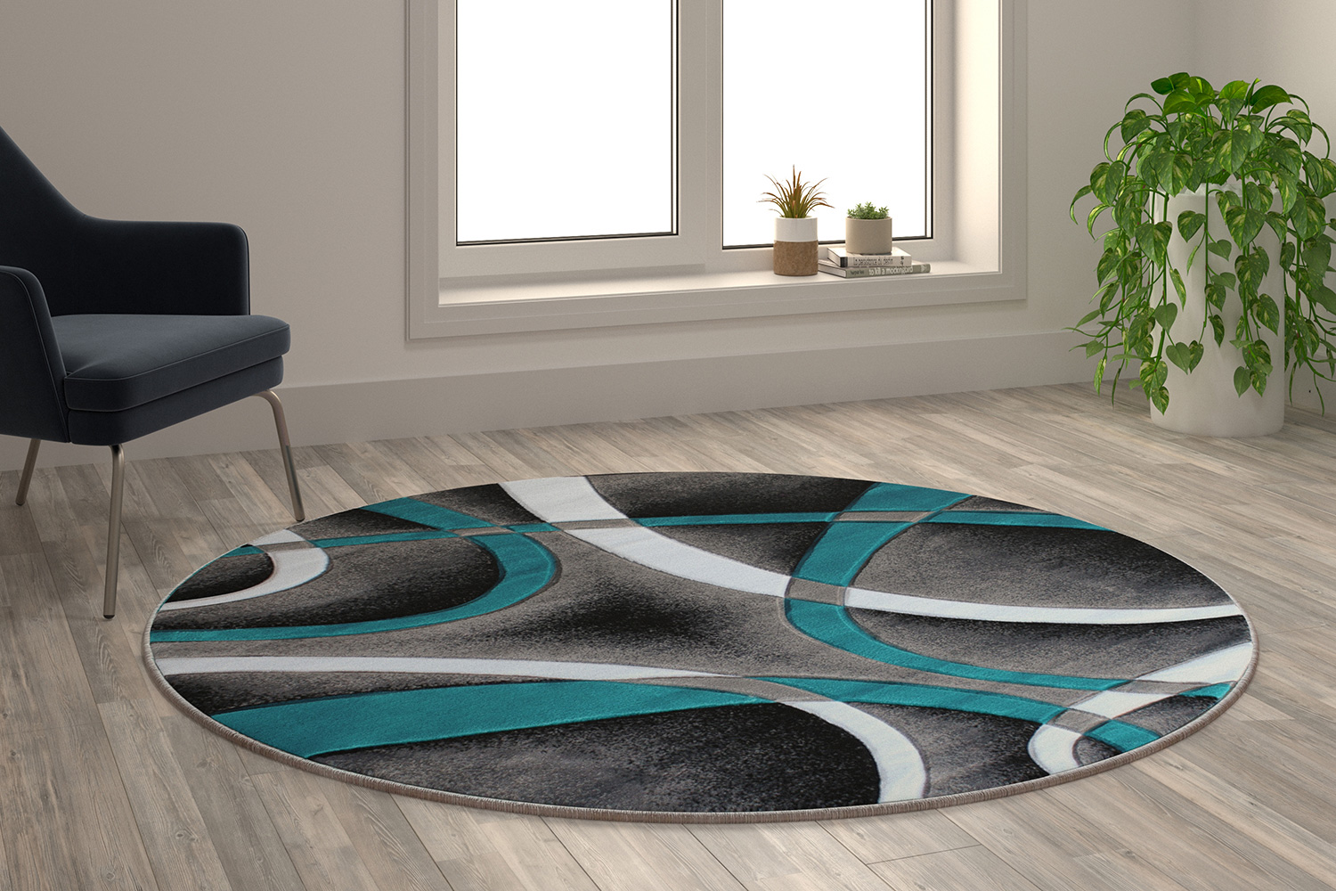 BLNK Atlan Collection Abstract Round Olefin Area Rug with Jute Backing - Turquoise, 5'W x 5'L