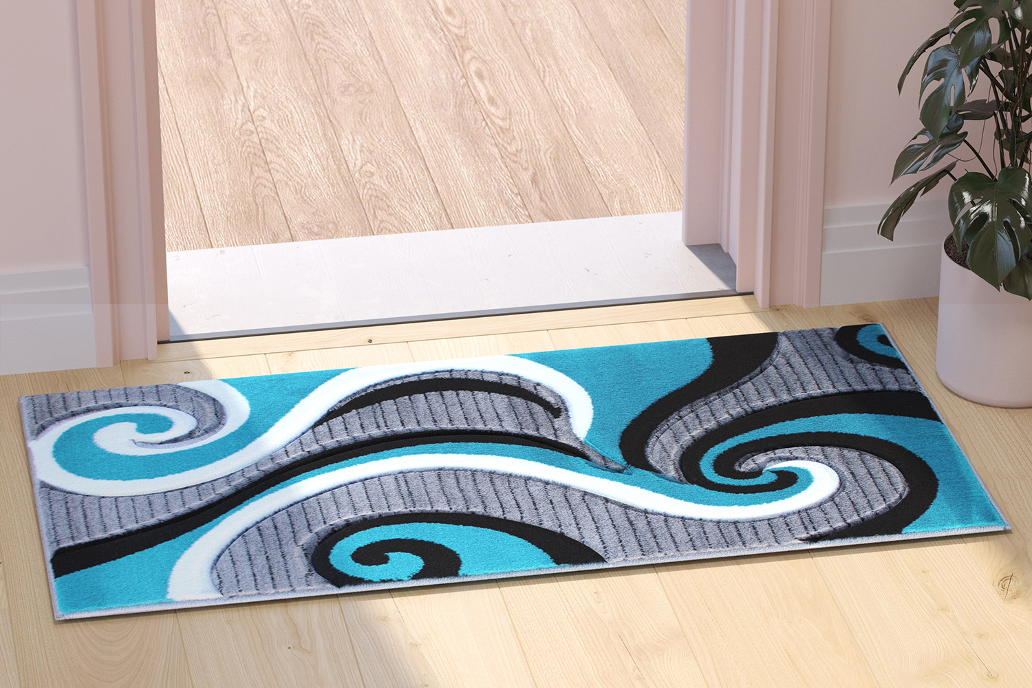 BLNK Athos Collection Abstract Olefin Area Rug with Jute Backing - Turquoise, 2'W x 7'L