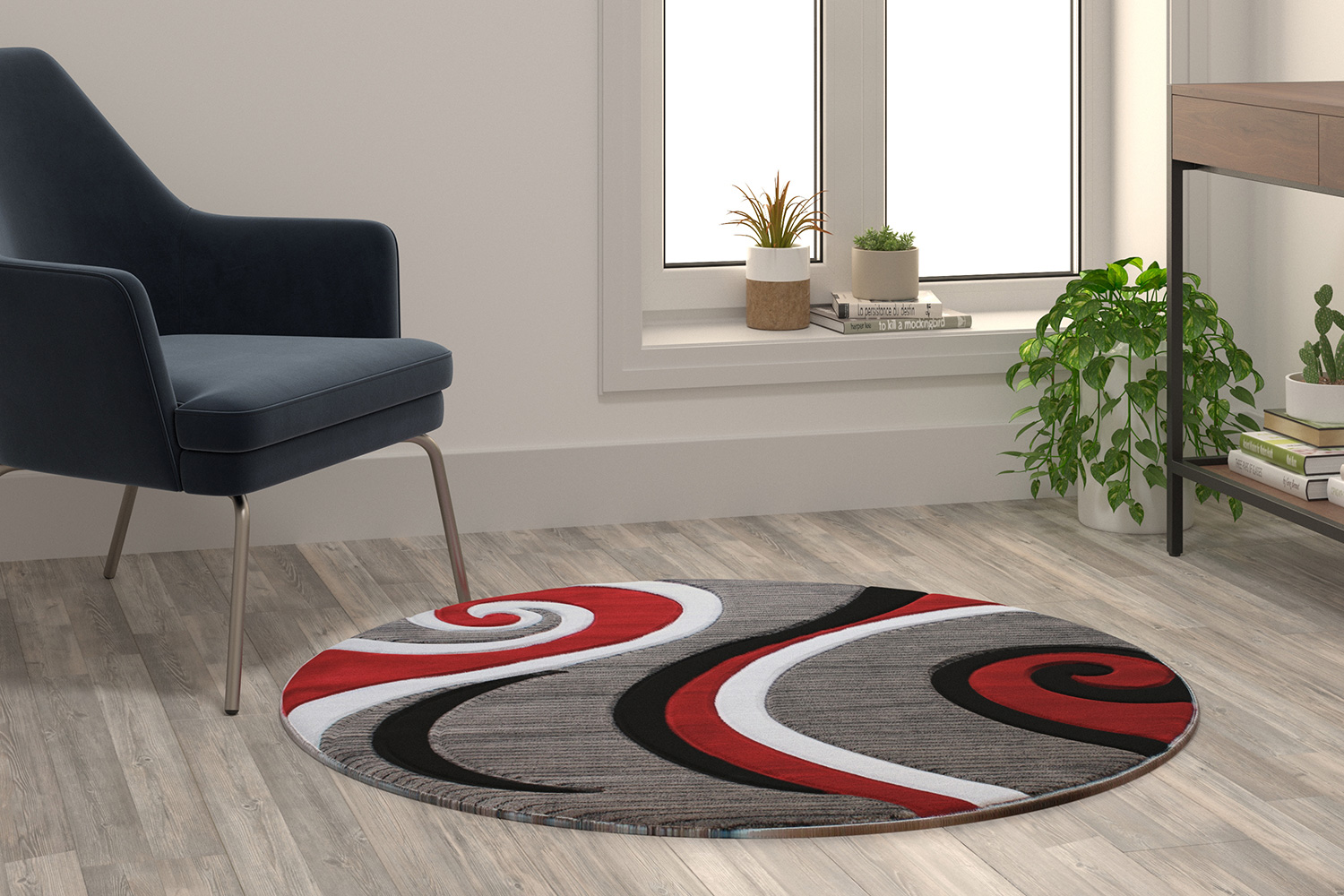 BLNK Athos Collection Abstract Olefin Area Rug with Jute Backing - Red, 4'W x 4'L