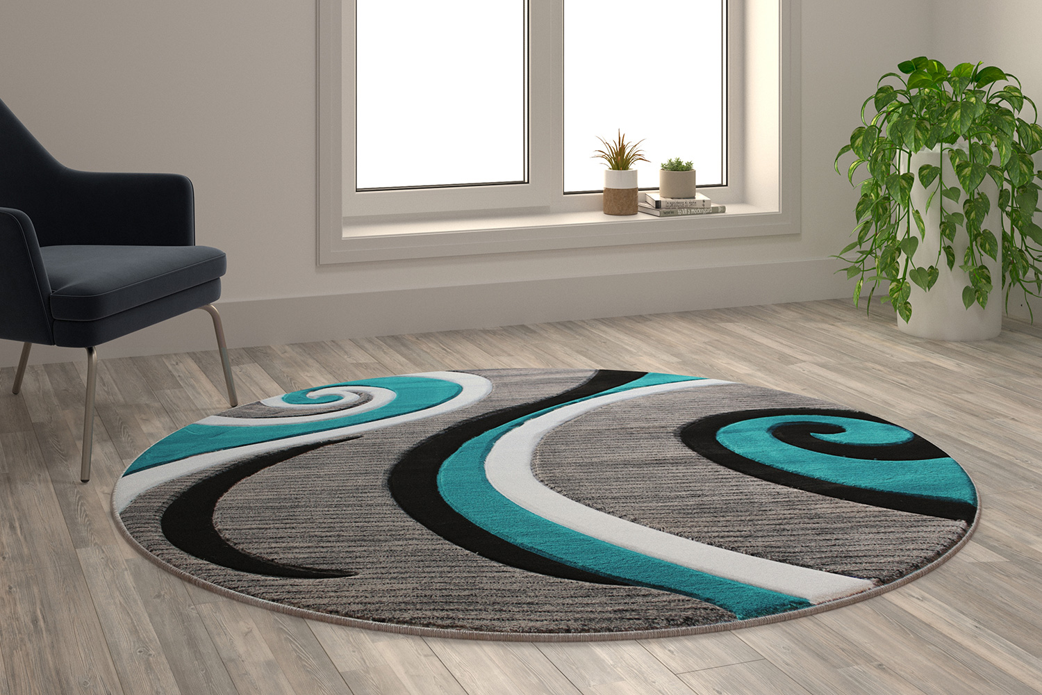 BLNK Athos Collection Abstract Olefin Area Rug with Jute Backing - Turquoise, 5'W x 5'L