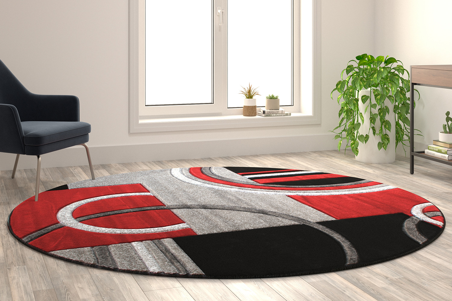 BLNK Audra Collection Abstract Round Olefin Area Rug with Jute Backing - Red, 8'W x 8'L