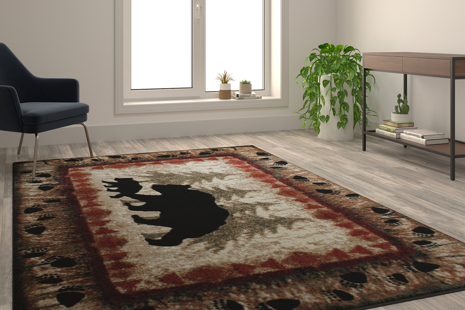 BLNK Ursus Collection Rustic Lodge Wandering Black Bear and Cub Area Rug with Jute Backing