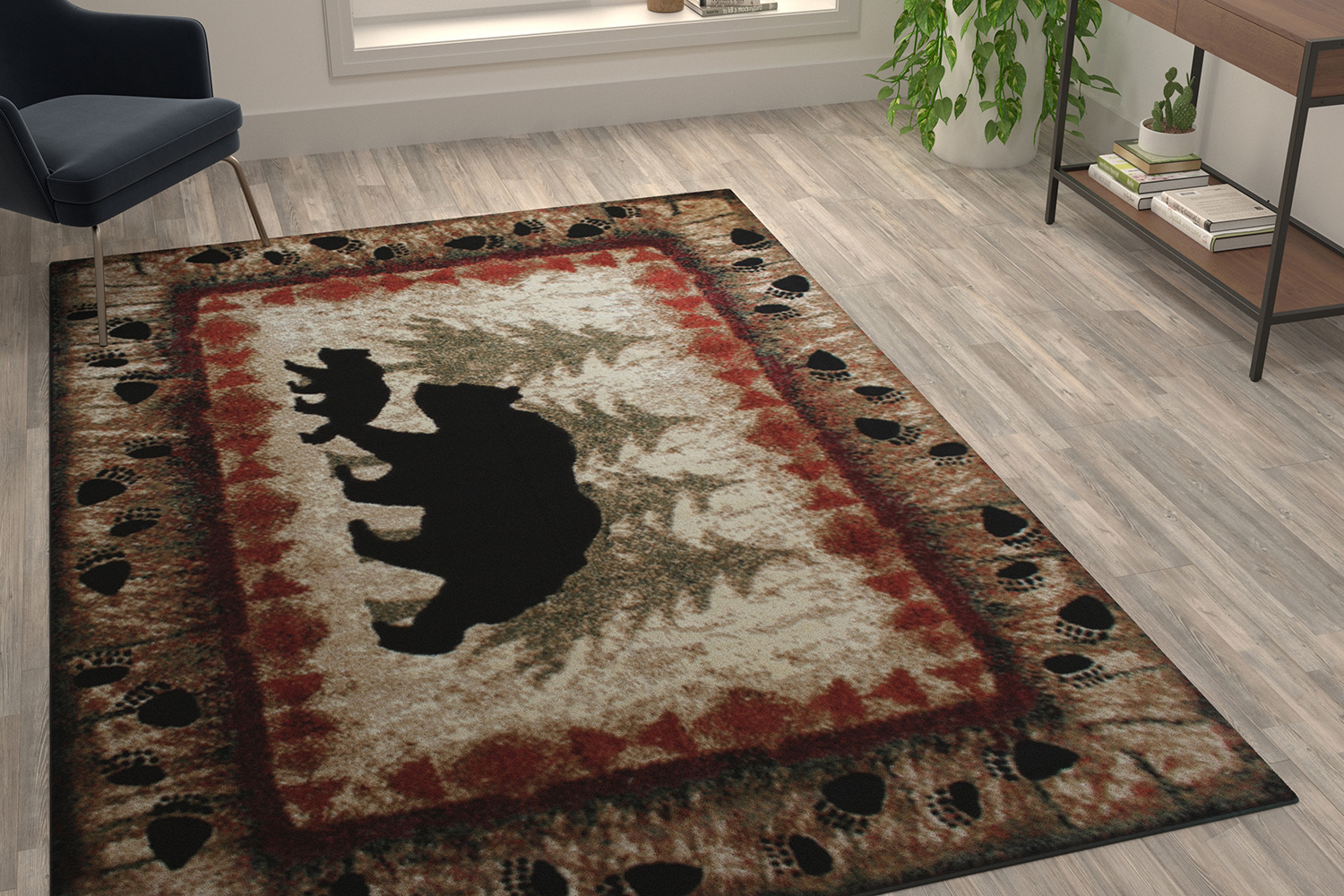 BLNK Ursus Collection Rustic Lodge Wandering Black Bear and Cub Area Rug with Jute Backing - 6'W x 9'L