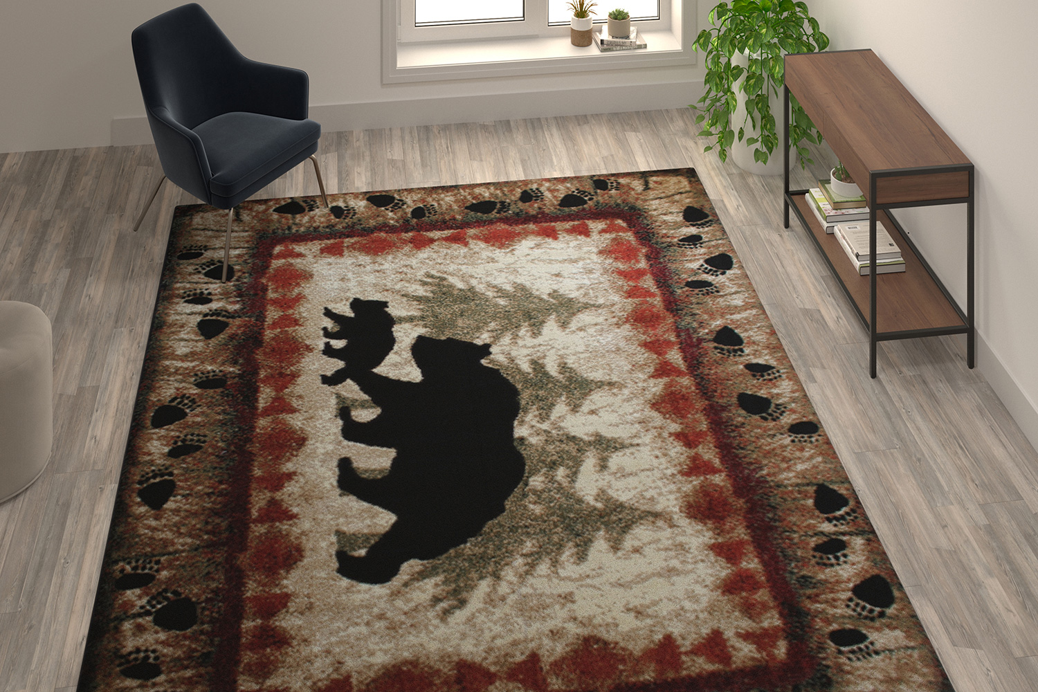 BLNK Ursus Collection Rustic Lodge Wandering Black Bear and Cub Area Rug with Jute Backing