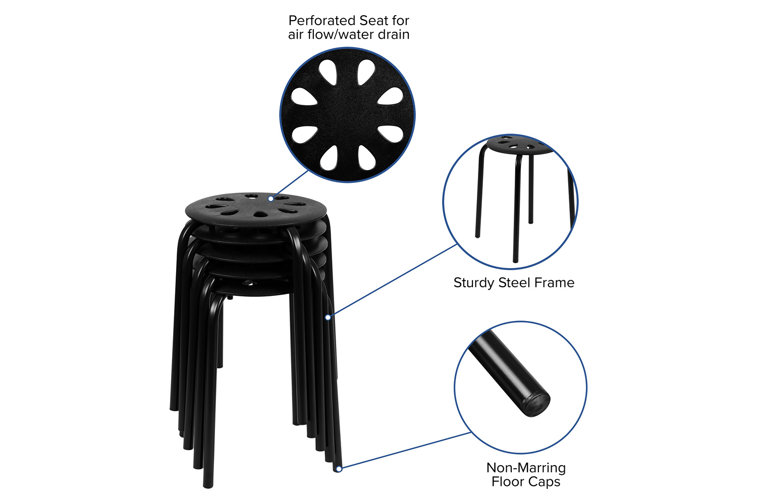 BLNK Bailey Plastic Nesting Stack Stools 5 Pack - Black, 17.5"H Seat