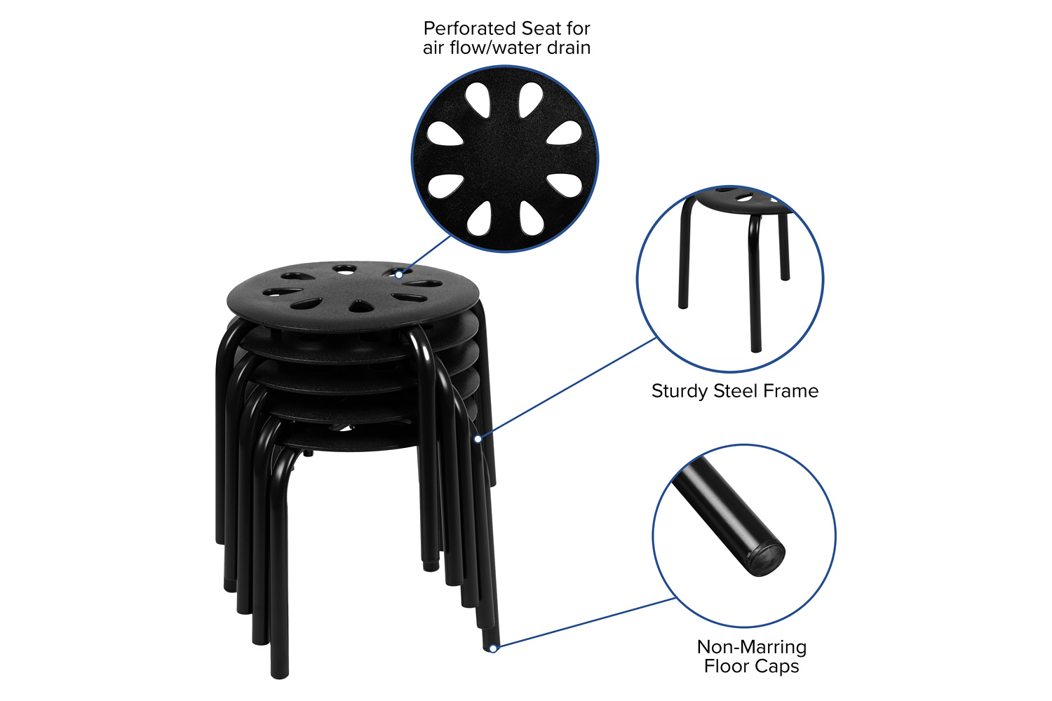 BLNK Bailey Plastic Nesting Stack Stools 5 Pack - Black, 11.5"H Seat