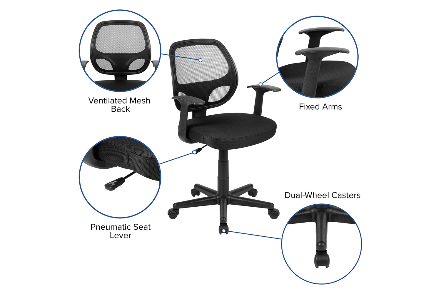 BLNK Flash Fundamentals Mid-Back Mesh Swivel Ergonomic Task Office Chair with Arms - Black