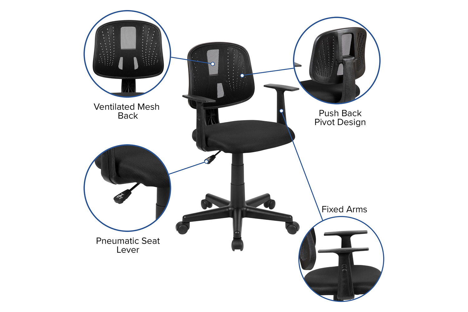 BLNK Flash Fundamentals Mid-Back Mesh Swivel Task Office Chair with Pivot Back - Black, with Arms