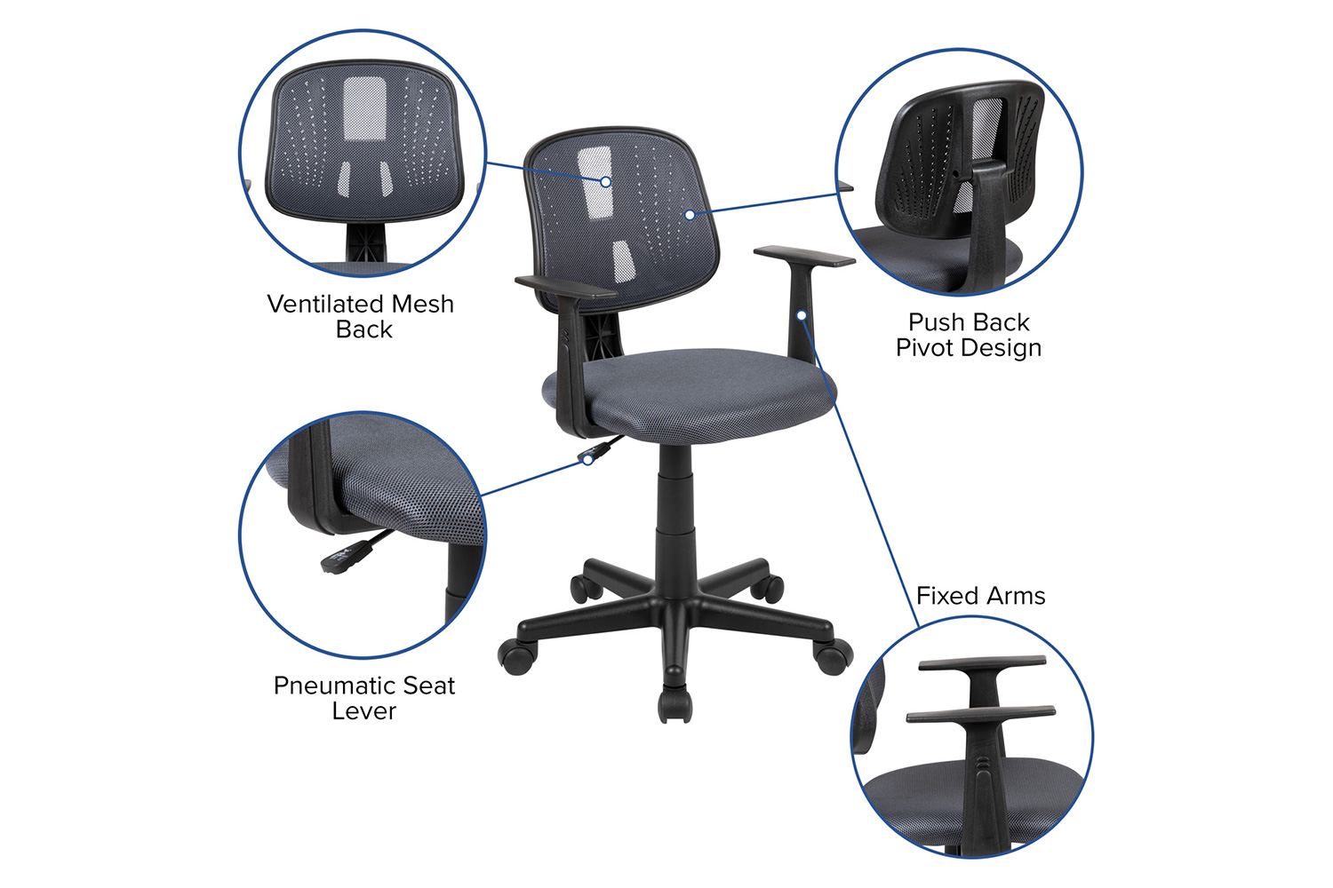 BLNK Flash Fundamentals Mid-Back Mesh Swivel Task Office Chair with Pivot Back - Gray, with Arms