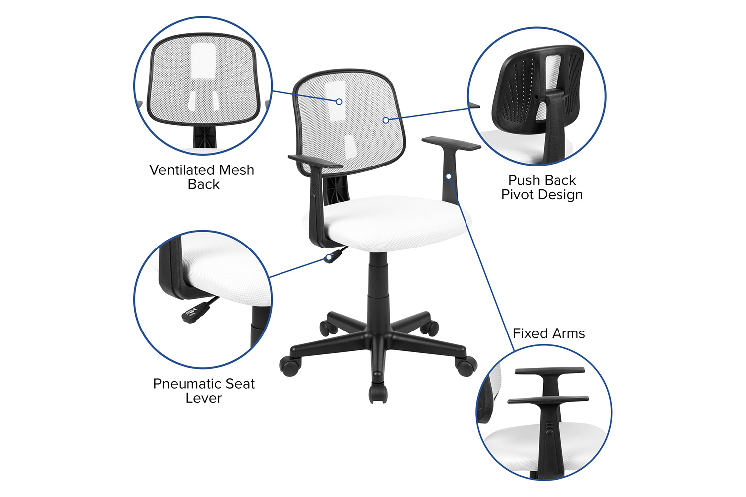 BLNK Flash Fundamentals Mid-Back Mesh Swivel Task Office Chair with Pivot Back - White, with Arms