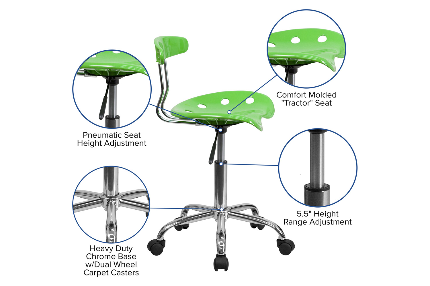 BLNK Elliott Vibrant Chrome Swivel Task Office Chair with Tractor Seat - Apple Green