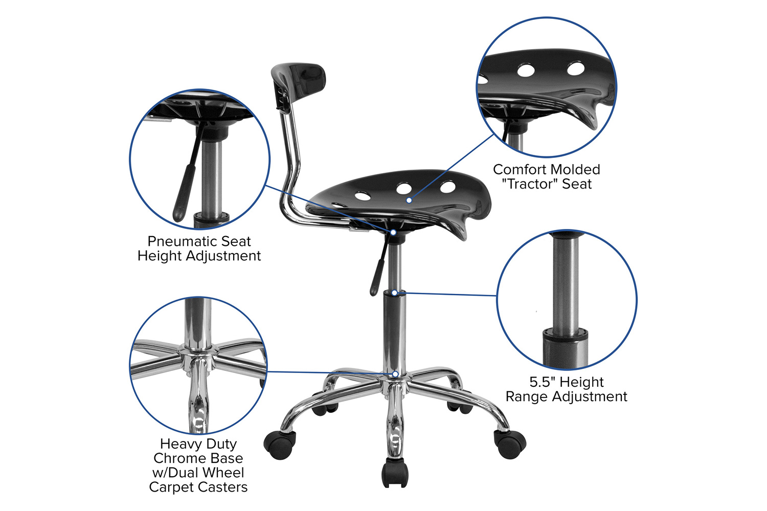 BLNK Elliott Vibrant Chrome Swivel Task Office Chair with Tractor Seat - Black