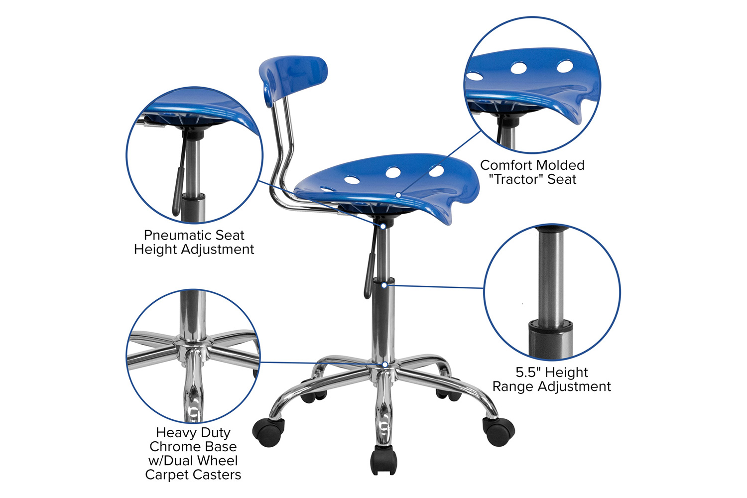 BLNK Elliott Vibrant Chrome Swivel Task Office Chair with Tractor Seat - Bright Blue