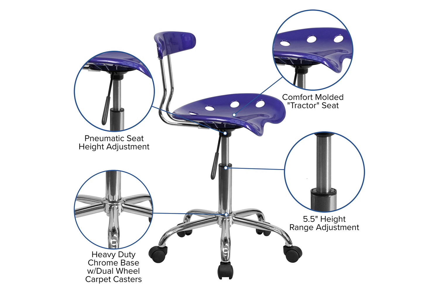 BLNK Elliott Vibrant Chrome Swivel Task Office Chair with Tractor Seat - Deep Blue