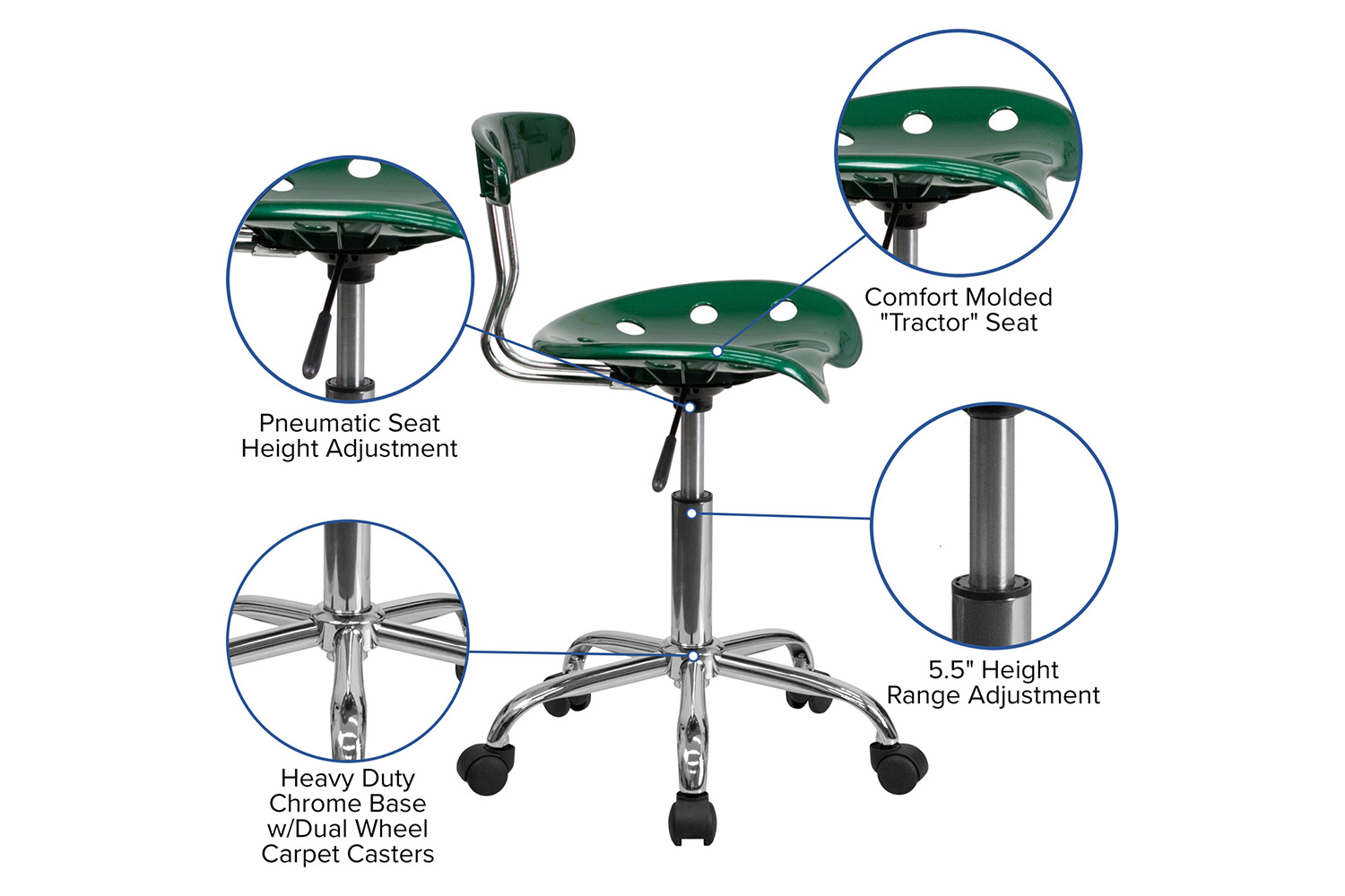 BLNK Elliott Vibrant Chrome Swivel Task Office Chair with Tractor Seat - Green